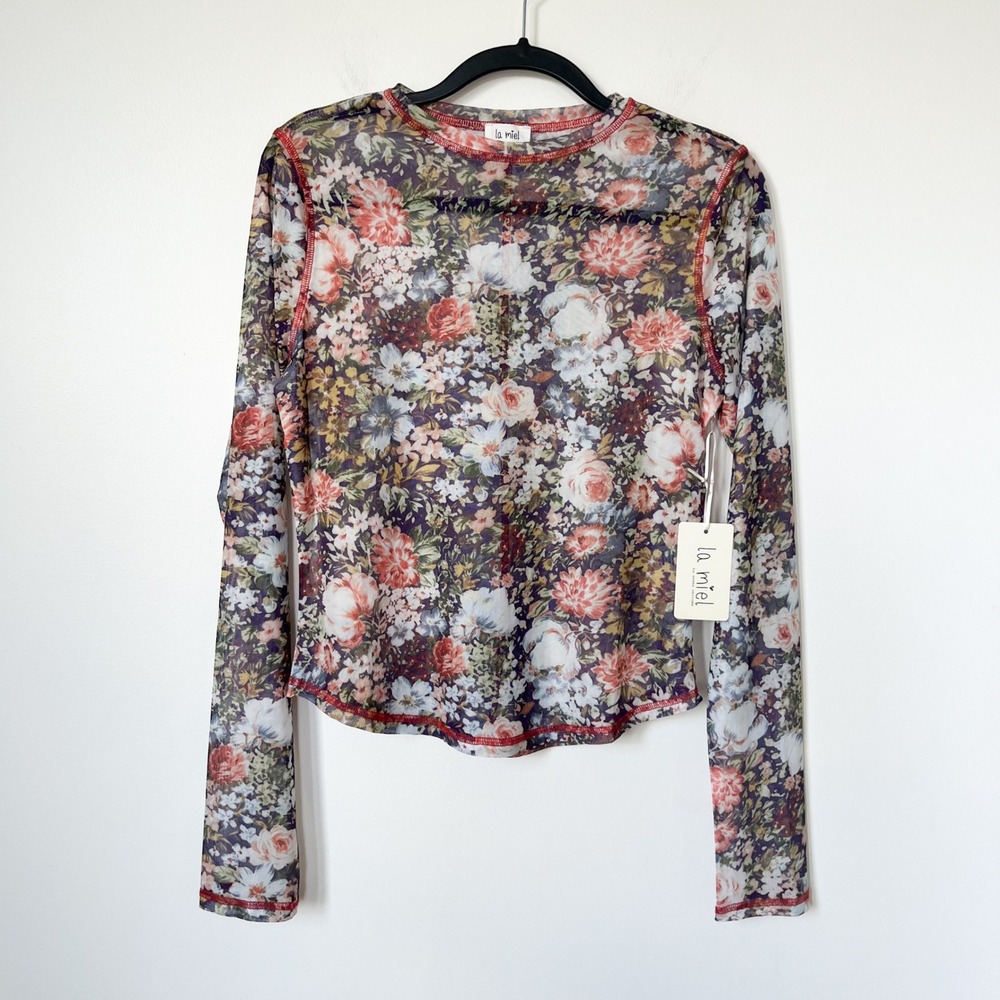 NEW La Miel Boho Cottagecore Semi Sheer Mesh Long Sleeve Floral Top Womens Large